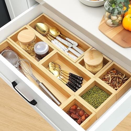 Bamboo Drawer Organizer Set, 9 PCS Multi-Use Individual Wood Storage Organizers, Junk Drawer Divider and Storage Trays Containers for Kitchen, Bathroom, Office Desk, Makeup, Jewelry, Utensils thumbnail 2