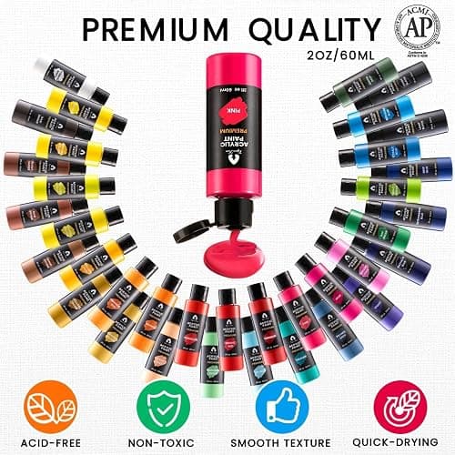 52 Pcs Acrylic Paint Set - 36 Colors (2oz/60ml) with 12 Brushes, 2 Knives & Palette - Rich Pigments for Adults, Kids, Artists & Beginners - Painting on Halloween Pumpkin Canvas Ceramic Rock Wood thumbnail 4
