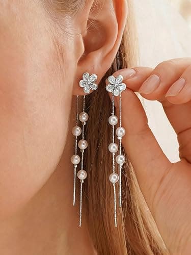 MUMREUES Gold Earrings for Women Trendy 14k Gold Plated Cubic Zirconia Flower Dangle Earrings Hypoallergenic Dainty Pearl Drop Chain Earrings Jewelry Gifts for Her thumbnail 4