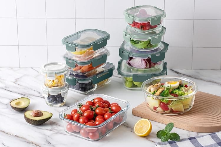 COOK WITH COLOR Premium 32-Pc. Borosilicate Glass Food Container Set with Dividers - 4 Rectangles, 8 Rounds, 4 Squares - Leakproof Lids - Meal Prep, Storage, Ombre Green thumbnail 2