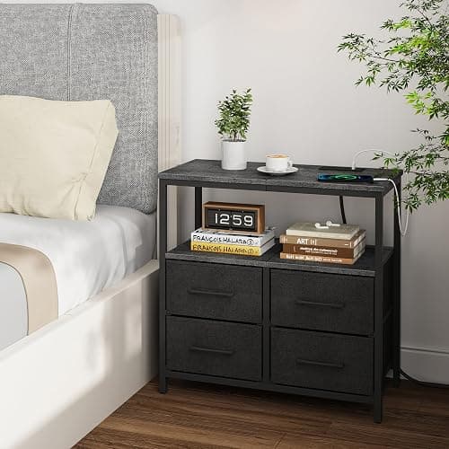 TUTOTAK Large Night Stand with Charging Station, Nightstand with USB and Type-C Port, Bedside Table with Cloth Drawers, End Table for Livingroom, Bedroom, Charcoal Grey TB01BY081 thumbnail 9