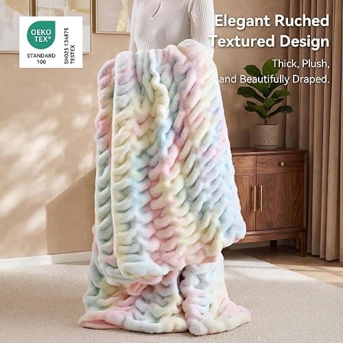 Smoofy Rainbow Throw Blanket for Couch – Luxury Faux Rabbit Fur Blanket, Ultra Soft Fluffy Plush Fuzzy, Lightweight Warm Cozy Blanket for Bed Sofa, Colorful Aesthetic Room Decor Gift for Women 50"x60" thumbnail 3