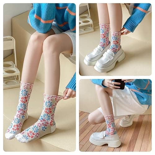 FORJMMP Vintage Embroidered Floral Socks for Women, Combed Cotton Crew Socks thumbnail 5