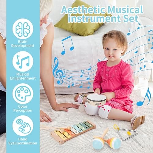 ZJEFUNS Baby Musical Instruments Set Wooden Montessori Toys for Toddlers 1-3 Percussion Instruments Set Modern Boho Music Toys for Kids Preschool Educational. thumbnail 5