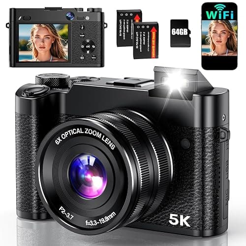 5K Digital Camera, 64MP Cameras for Photography with 6X Optical Zoom & Autofocus, WiFi Vlogging Camera for YouTube Video, Dual-Lens, 2 Batteries, 64GB Card & Flash, Best Cameras for Content Creators - Image 1