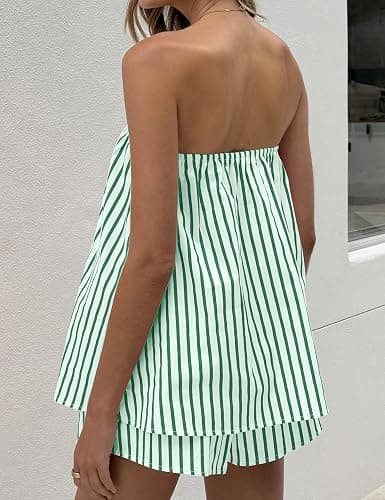 JEIBKOUY Women 2 Piece Matching Sets Striped Tube Top Shorts Sets Summer Vacation Outfits Y2K Going Out Top thumbnail 4