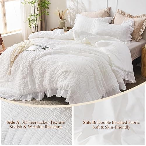 JOLLYVOGUE Oversized Queen Comforter Set, 3 Pieces White Seersucker Comforters, Lightweight & Fluffy Bedding Sets for All Season with 1 Ruffle Comforter and 2 Ruffle Pillowshams thumbnail 5