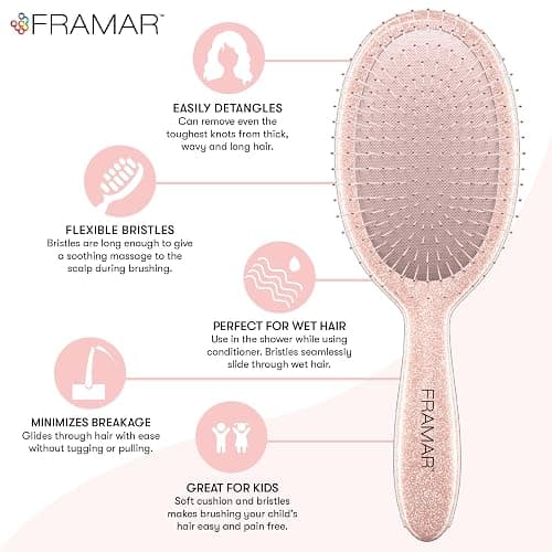 FRAMAR Glitter Hair Brush Detangler, Detangling Hairbrush For Women, Wet Hair Brush For Girls, Hair Detangler Brush, Wet Hairbrush, Hairbrushes, Girls Hairbrush Detangler, Reduces Frizz – Rosé thumbnail 4