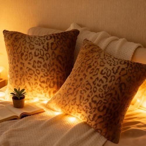 Entua Faux Fur Throw Pillows, Set of 2 Decorative Square Couch Pillow Covers, 20x20 Leopard Cheetah Print Luxury Soft Plush Pillowcase for Sofa, Bed & Living Room Decor, Brown Gold thumbnail 4