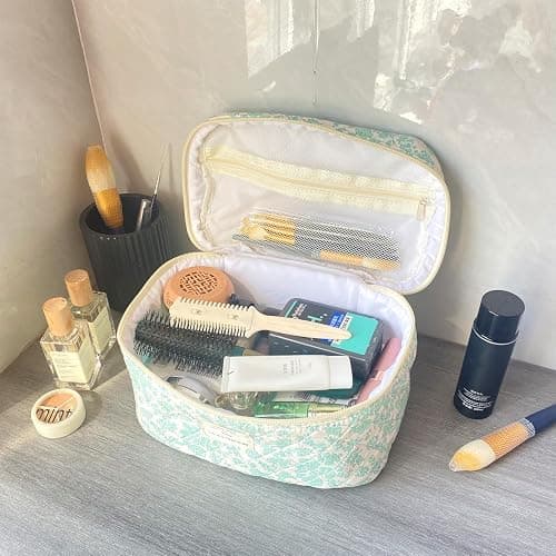 WYJ Green Large Quilted Floral Makeup Bag Cute Soft Coquette Aesthetic Cosmetic Bag Cotton Travel Toiletry Bag for Women thumbnail 2