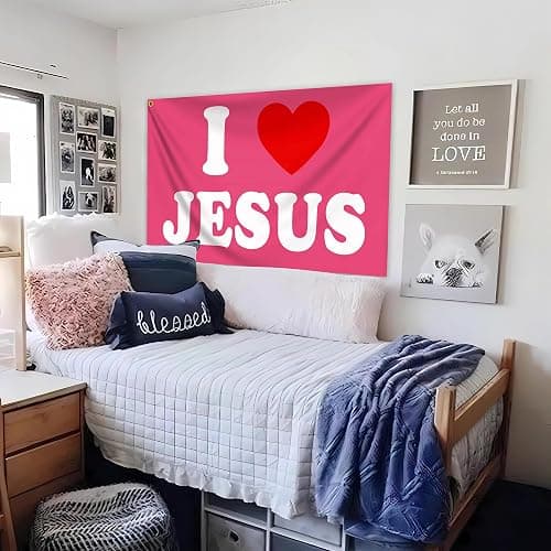 KNAPAL I Love Jesus Flag Pink 3x5 Ft Christian Jesus American Flag Durable Polyester I Heart Jesus Flags for House Yard Indoor College Dorm Room Bedroom Wall Jesus Loves You Outdoor Flag Banner Decor thumbnail 5