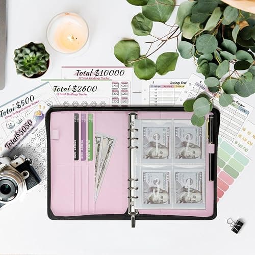 Ospelelf 100 Envelopes Money Saving Challenge Book Zipper Closure Leather 52 Weeks Savings Challenges Budget Planner Binder to Save $10000 $5050 Pink thumbnail 2