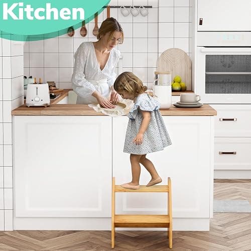 AMBIRD Wooden Step Stool, 15.75'' H Potty Training Toddler 300 lbs Capacity with Safety Non-Slip Pads and Handles, Kitchen Step Stools for Kids, Bamboo Step Stool for Bathroom, High Beds (Natural) thumbnail 8