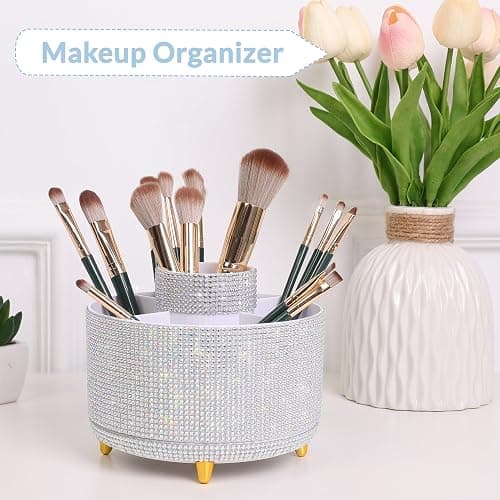 SKYDUE 360 Degree Rotating Desk Organizer, Shining Dual-Purpose Rhinestone Pencil Pen Holder, Rotating Desk Pen Organizer with 5 Slots, Rhinestone Pencil Cup for Office, School, Home thumbnail 4