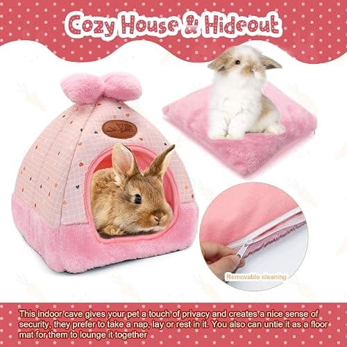 YUEPET Bunny Bed, Rabbit Hideout, Guinea Pig Cave Bed, Pink Grid | Bunny Hideout, Enclosed Cave Design, Removable Cushion, Foldable Rabbit Hideaway Design, Pink Grid with Bow, Indoor Cage Use thumbnail 5