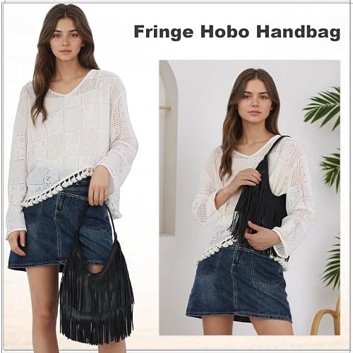 LUI SUI Fringe Hobo Purses for Women Vintage Black Fringe Shoulder Bag Western Tassel Handbags thumbnail 2