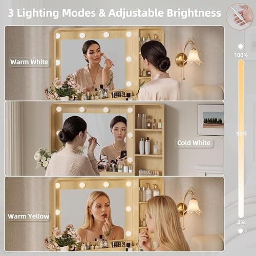 TOKSOM Vanity Table with Drawer Dresser, 39.3”Farmhouse Vanity Makeup Desk with Charging Station, Vanity Desk with Lights Mirror & 5 Drawers for Makeup, Vanity Desk with Multi Storage Shelves Natural thumbnail 4