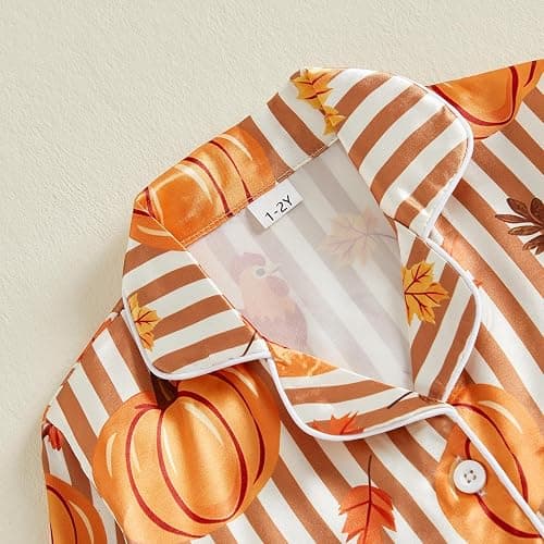 Kids Thanksgiving Pajamas Toddler Girl Turkey Pajama Shirt Pants Set | Little Girl Ruffle Cuffs Long Sleeve Button Down Shirt Stain Pants Set Loungewear Sleepwear Two Piece Pjs Set thumbnail 8