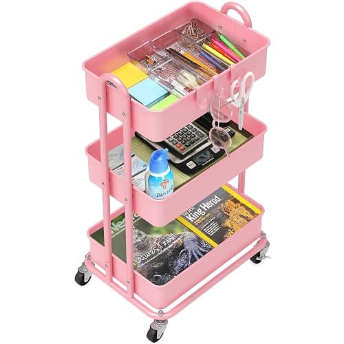 Simple Houseware 3-Tier Heavy Duty Metal Utility Rolling Cart, Pink thumbnail 4