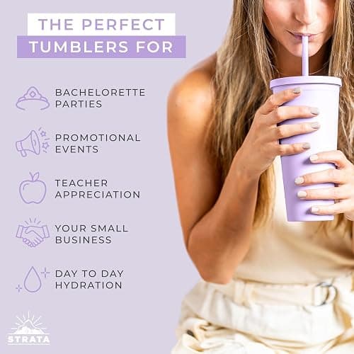 STRATA CUPS Classic Tumblers with Lids and Straws (8 pack) - 22oz Matte Pastel Colored Acrylic Tumblers with Lids and Straws, Double Wall Tumbler Bulk, Reusable Cup with Straw Cleaner (Assorted) thumbnail 5