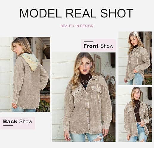 Dokotoo Womens 2025 Fall Corduroy Shacket Jacket Long Sleeve Button Down Color Block Hooded Coat with Pockets thumbnail 4