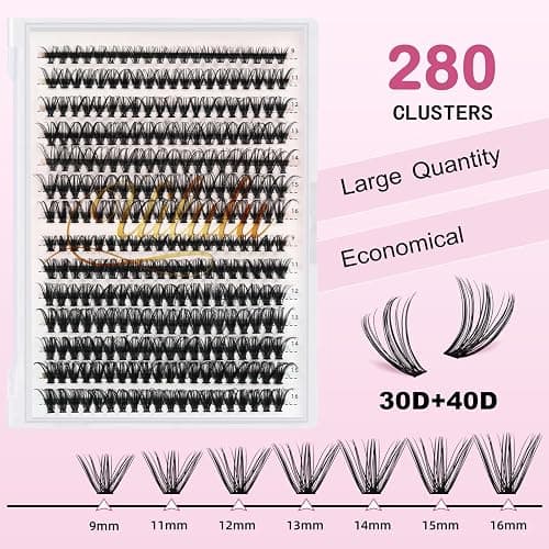 UILULU DIY Lash Extension Kit 280pcs Individual Lashes Clusters D Curl Lash Clusters, Lash Kit with Lash Bond and Seal, Remover, Lash Tweezers (30D+40D-0.07D-9-16MM Kit) - 30D+40D+Bond&Seal+Remover+Tweezers thumbnail 2