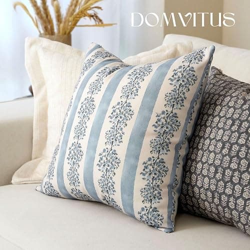 DOMVITUS Floral Throw Pillow Covers 18x18 Inch Set of 2, Block Print Decorative Pillow Covers Vintage Striped Neutral Farmhouse Boho Home Decor for Couch Sofa Bed Living Room, Light Blue thumbnail 4