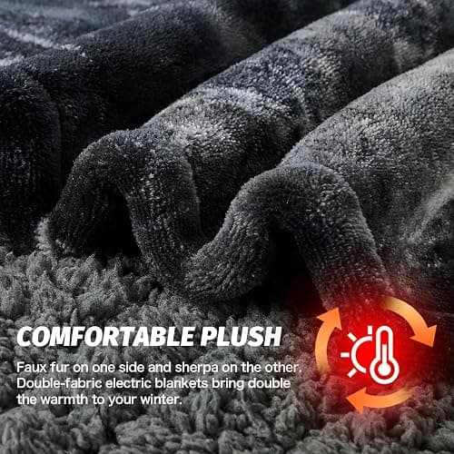 greenoak Heated Electric Blanket Throw, Faux Fur Sherpa Heating Blanket for Sofa Bed, Warm Winter Gifts for Women/Men, Heater Lap Blankets 5-Position Timer &10 Heating Levels 50''*60" Black thumbnail 7