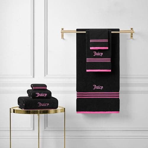 Juicy Couture Black/Hot Pink Border Bath Towels 6-Piece 100% Cotton Bath Towel Set thumbnail 2