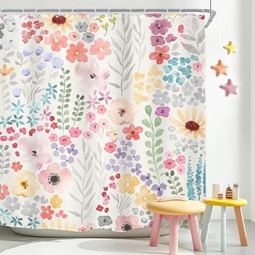 Riyidecor Colorful Cute Floral Shower Curtain for Bathroom Decor 60Wx72H Watercolor Flower Plants Botanical Kids Funny Multicolor Art Printed Fabric Polyester Waterproof 12 Pack Plastic Hook - Image 1