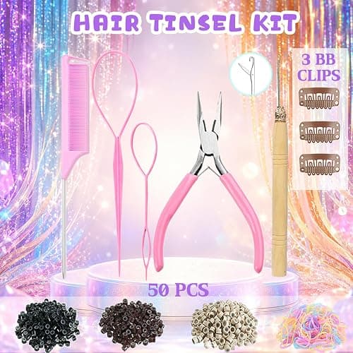 Hair Tinsel, Hair Tinsel Kit for Girls 9600 Strands Fairy Tinsel Hair Extensions Holographic Hair Tinsel Heat Resistant Colored Hair Glitter Christmas Party Festival (Dazzling Colors Series) thumbnail 2