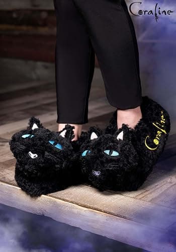 Coraline Cat Adult Slippers - Polyester, Embroidered Details, Foam Soles, Anti-Slip Grips, Officially Licensed thumbnail 2