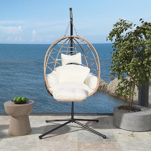 Jadoxy Hanging Egg Chair with Leg Stand, Indoor/Outdoor Swing Egg Chair Hammock Basket Seat Chair with Cushion for Porch Balcony Garden Patio (Ribbon+Rattan, Yellow+White) thumbnail 3