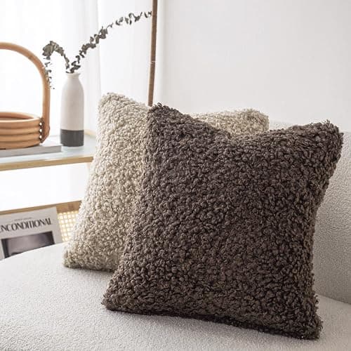 Foindtower 2 Pieces Teddy Faux Fur Throw Pillow Cover Decorative Sherpa Pillow Fuzzy Accent Pillowcases Soft Sheepskin Fleece Cushion Case for Bed Couch Living Room 18x18 Inch Chocolate thumbnail 4