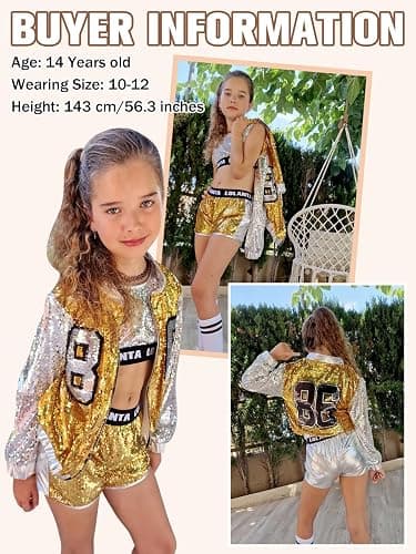 LOLANTA 4-Piece Girls Hip Hop Sequins Costume, Sparkly Graphic Jacket, Shiny Crop Tank Top, Metallic Shorts,4-15 Years thumbnail 2