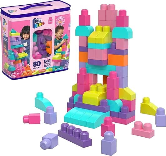 MEGA BLOKS First Builders Toddler Blocks Toys Set, Big Building Bag with 80 Pieces and Storage, Pink, Ages 1+ Years - Pink Bag - Image 1