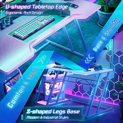 Armocity Pink Gaming Desk with Hutch and LED Lights, 53" Computer Desk with Storage Shelves, Reversible PC Gaming Desk with Pegboard, Gamer Desks for Bedroom, Carbon Fiber Surface thumbnail 7