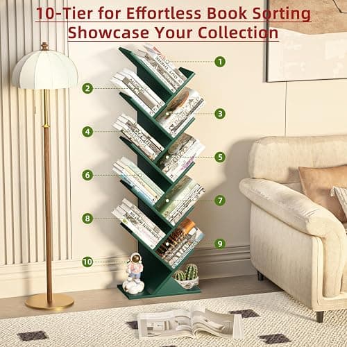 SHEEPAM 10 Tier Tree Book Shelf, Floor Standing Wood Bookshelf for Narrow Space, Storage Organizer Bookshelves for Books/CDs/Magazine, Bookcase with Shelves for Home Office, Living Room thumbnail 4