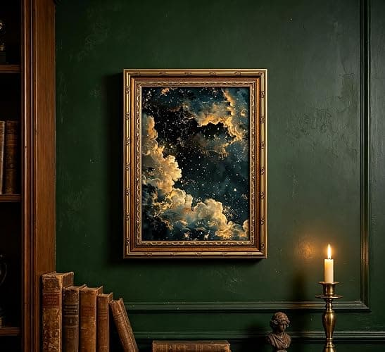 Vintage Gold Framed Moody Celestial Canvas Wall Art Retro Cloud Abstract Night Sky Stars Art Painting Picture Wall Decor Maximalist Gothic Poster Print Artwork for Living Room Bedroom thumbnail 4