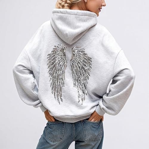 Sequin Angel Wings Hoodie Women Trendy Long Sleeve Sweatshirt Baggy Drawstring Sweat Shirt with Pocket thumbnail 2