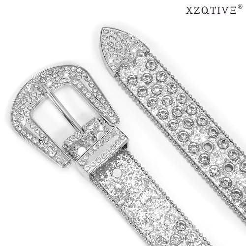 XZQTIVE Cowgirl Bling Studded Leather Belts for Jeans Pants with Rhinestone and Western Silver Buckle, Unisex thumbnail 2