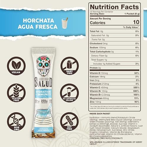 Salud 2-in-1 Hydration Packets + Immunity Electrolytes Powder, Horchata - Agua Fresca Drink Mix, Elderberry, Dairy & Soy Free, Non-GMO, Gluten Free, Vegan, Low Calorie, 1g Sugar (15 Servings) thumbnail 3