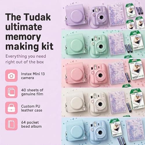 Fujifilm Instax Mini 13 Instant Camera Frost Blue + Fuji Film Value Pack (40 Sheets) + Tudak Accessories Bundle, Incl. Compatible Carrying Case, Quicksand Beads Photo Album 64 Pockets thumbnail 7