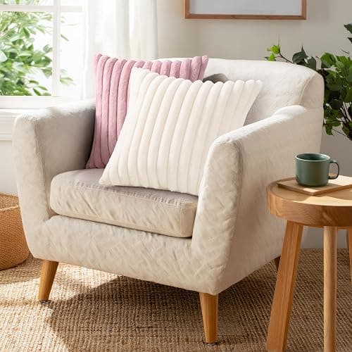 Pallene Faux Fur Plush Fall Throw Pillow Covers 18x18 Set of 2, Luxury Soft Fluffy Striped Decorative Pillow Covers for Sofa, Couch, Living Room, Cream White thumbnail 4