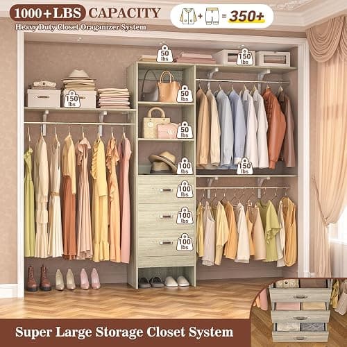 Armocity 96 Inches Closet System, 8FT Walk In Closet Organizer with 3 Shelving Towers, Heavy Duty Clothes Rack with 3 Drawers, Built-In Garment Rack, 96"L x 16"W x 75"H, Load 1000 LBS, White Oak thumbnail 5
