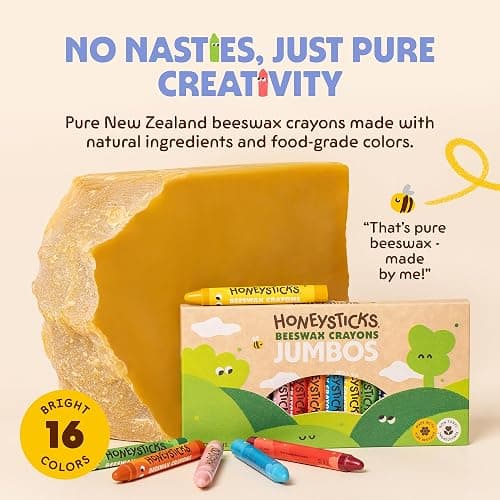 Honeysticks Jumbo Crayons (16 Pack) - Non Toxic Crayons, 100% Pure Beeswax | Natural Beeswax and Food Grade Colors, Large Size - Easy to Hold and Use, Preschool Art Supplies for Toddlers, Kids 3-5, 4-9 thumbnail 2