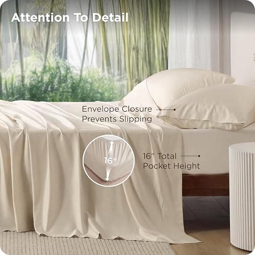 Bedsure Queen Sheet Set, Rayon Derived from Bamboo, Cooling Sheets, PureWoven, Breathable & Soft, Deep Pocket Up to 16", Hotel Luxury Silky Bedding for Hot Sleepers, Light Beige thumbnail 4