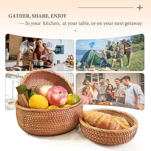 9.2" Medium Round Rattan Wicker Bread Basket, Natural Fruit Basket for Kitchen Counter, Hand Woven Food Baskets, Artisanal Bread Baskets for Serving, Fruit, Vegetable, Snack, key, Etc. thumbnail 4