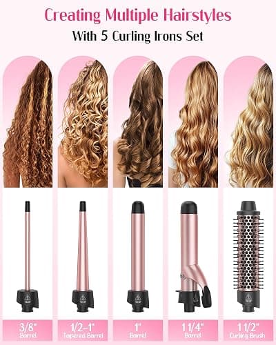 ANIEKIN 5 in 1 Curling Iron Set, Fast Heat Up Curling Wand from 3/8 to 1 1/4 Inch and a Thermal Brush Come with, Dual Voltage Hair Curler for Women All Hair Types and Travel Use, Gifts for Women thumbnail 2