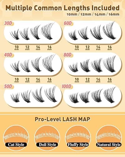 Calphdiar Eyelash Clusters 30D+40D+50D+60D+80D+100D Lash Clusters 476PCS Wispy Individual Lashes D-curly Lash Extension 10-16MM DIY Cluster Eyelash Extensions at Home thumbnail 6